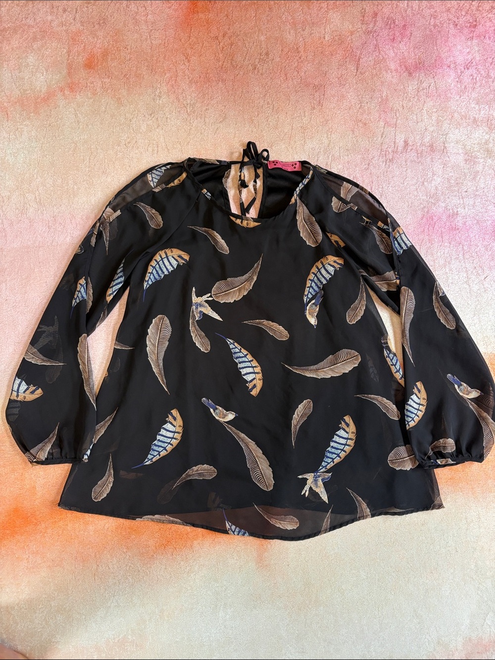 Black Feather-Print Long-Sleeve Blouse